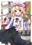  1girl alternate_costume alternate_hair_color bangs bicycle black_bow black_bowtie black_skirt blonde_hair blurry blurry_background blush blush_stickers border bow bowtie brown_eyes cafe character_doll chisiro_unya_(unya_draw) closed_mouth collared_shirt crystal doll dress fang flandre_scarlet frills ground_vehicle hand_up hat hat_ribbon house jewelry leaf long_sleeves looking_at_viewer looking_to_the_side mob_cap multicolored_wings one_side_up open_mouth outdoors outside_border pink_dress pink_headwear puffy_long_sleeves puffy_short_sleeves puffy_sleeves purple_hair red_eyes red_ribbon red_shirt remilia_scarlet ribbon road shirt shoes short_hair short_sleeves skirt smile solo standing street stuffed_toy tongue touhou toy tree white_border white_bow white_headwear white_shirt window wings wrist_cuffs yellow_eyes 