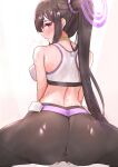  1girl absurdres ass backboob bangs bare_shoulders black_hair black_pants blue_archive blush breasts choker commentary_request from_behind hair_between_eyes hair_ornament hair_scrunchie halo highres long_hair looking_at_viewer medium_breasts midriff muteppona_hito open_mouth pants partial_commentary ponytail purple_eyes pussy scrunchie sidelocks simple_background solo sports_bra spread_pussy spread_pussy_under_clothes squatting sumire_(blue_archive) sweat very_long_hair white_background white_sports_bra yellow_choker yoga_pants 