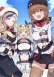  3girls absurdres bangs belt beret black_belt black_bow black_headwear black_skirt blonde_hair blue_eyes blue_hair blue_shawl blush bow breasts brown_eyes brown_hair brown_legwear buttons cleavage closed_mouth collarbone collared_shirt commandant_teste_(kancolle) cowboy_shot day double-breasted dress gambier_bay_(kancolle) gambier_bay_mk_ii_(kancolle) hair_between_eyes hair_bow hair_ornament hairband hairclip hat highres jacket kantai_collection large_breasts long_hair long_sleeves low_twintails multicolored_clothes multicolored_hair multicolored_scarf multiple_girls navel open_mouth papakha picoli1313 plaid plaid_scarf pleated_skirt pom_pom_(clothes) red_hair red_shirt ribbon_trim russian_clothes scarf shawl shirt skirt smile star_(symbol) streaked_hair swept_bangs tashkent_(kancolle) thighhighs torn_clothes torn_scarf twintails untucked_shirt wavy_hair white_hair white_headwear white_jacket white_scarf 