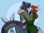  2022 anthro artist_name bottomwear braided_hair clothed clothing dated digital_media_(artwork) duo female female/female fish fur hair jacket kissing kittydee mammal marine pants purple_body purple_fur purple_hair red_hair shaded shark tail_mane topwear torn_bottomwear torn_clothing torn_pants 