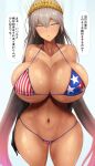  absurdres american_flag_bikini bangs bikini blue_eyes blush breasts cleavage cosplay crown curvy dark-skinned_female dark_skin fate/grand_order fate_(series) flag_print gigantic_breasts grey_hair highres huge_breasts long_hair looking_at_viewer miyamoto_musashi_(fate) miyamoto_musashi_(swimsuit_berserker)_(fate) miyamoto_musashi_(swimsuit_berserker)_(fate)_(cosplay) miyamoto_musashi_(swimsuit_berserker)_(second_ascension)_(fate) multicolored_hair navel open_mouth pink_hair sirosoil skindentation string_bikini swimsuit thick_thighs thighs translation_request very_long_hair wide_hips zenobia_(fate) 