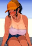  1girl bangs baseball_cap black_hair breasts camisole cleavage commentary covered_nipples dated_commentary hat large_breasts off_shoulder original ponytail short_shorts shorts sitting solo spaghetti_strap sweat tan tanlines youshu_ohepe 