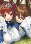  2girls :d agnes_tachyon_(umamusume) ahoge animal_ears bangs black_necktie blue_jacket breasts brown_eyes brown_hair center_frills chinese_commentary commentary_request daiwa_scarlet_(umamusume) epaulettes eyebrows_behind_hair frills hair_between_eyes hair_intakes highres horse_ears jacket labcoat large_breasts long_sleeves lying mixed-language_commentary multiple_girls natori_youkai necktie on_grass on_stomach puffy_sleeves red_eyes shirt sleeves_past_fingers sleeves_past_wrists smile sweat sweater_vest tiara umamusume wavy_mouth white_shirt 
