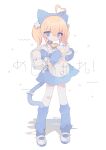  1girl :o ahoge animal_ears apron backpack bag bandaid bandaid_on_clothes bandaid_on_knee bandaid_on_leg bangs bell blue_collar blue_dress blue_eyes blue_hairband blue_legwear blue_mittens cake cake_slice cat_ears cat_girl cat_tail collar cowbell daizu_(melon-lemon) detached_ahoge dress fake_animal_ears food full_body hair_between_eyes hair_ornament hairband heart heart_ahoge highres holding holding_cake holding_food holding_plate leg_warmers looking_at_viewer medium_hair mittens neck_bell no_nose orange_hair original parted_lips plate puffy_short_sleeves puffy_sleeves ribbon shadow shoes short_dress short_sleeves sidelocks simple_background solo standing tail tail_ornament tail_ribbon thighhighs translation_request twintails uwabaki waist_apron white_apron white_background white_bag white_footwear white_legwear white_ribbon x_hair_ornament zettai_ryouiki 