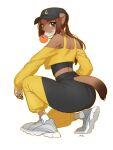  2022 anthro blowing_bubble brown_hair chewing_gum clothing fashion female footwear furgonomics hair hi_res laska~ looking_back mammal mustela mustelid musteline plantigrade shoes sneakers solo tracksuit true_musteline 