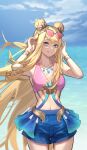 1girl bangs beach blonde_hair blue_shorts bracelet breasts chibi_vanille cleavage collarbone cowboy_shot day double_bun grin hair_bun hands_up highres jewelry large_breasts league_of_legends long_hair navel necklace ocean_song_seraphine outdoors seraphine_(league_of_legends) shorts smile solo stomach sunglasses teeth water 