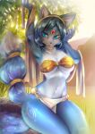  anthro blue_eyes blush bottomwear bra breasts canid canine choker clothing drapery_(clothing) female fluffy fluffy_tail fox garden jewelry kiwanoni krystal loincloth mammal markings necklace nintendo raised_arm seductive signature smile solo star_fox thick_thighs tribal tribal_markings underwear video_games well 