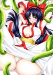  1girl ;o absurdres arms_up black_hair blue_eyes blush bow breasts cleavage covered_nipples detached_sleeves hair_bow highres hmdark-9 long_hair nakoruru one_eye_closed open_mouth panties red_bow restrained ribbon samurai_spirits solo tentacles traditional_media underwear very_long_hair white_panties 