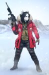  2022 5_fingers absurd_res ammunition anthro black_bottomwear black_clothing boots bottomwear clothing coat fingers footwear gloves gun handwear hi_res male pants pgm300 ranged_weapon red_clothing red_topwear snow solo topwear unknown_species weapon 