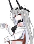  1girl absurdres arknights black_sports_bra breasts cup demon_horns ear_piercing elite_ii_(arknights) grey_hair hair_between_eyes hair_ornament highres holding holding_cup horns jacket long_hair long_sleeves looking_at_viewer medium_breasts mudrock_(arknights) mug off_shoulder open_clothes open_jacket piercing pointy_ears red_eyes sidelocks simple_background solo sports_bra touko_(toko12_tooko) upper_body very_long_hair white_background white_jacket 