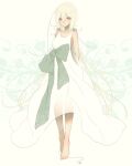  1girl barefoot bow closed_eyes closed_mouth collarbone dress itsuki_dorothy long_hair looking_at_viewer nier nier_(series) see-through smile solo waist_bow white_dress white_hair yonah 