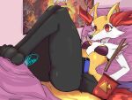  2022 anthro barefoot bed bedroom bra braixen clothing doritos feet female frito-lay furniture hi_res inner_ear_fluff inside lying lying_on_bed nintendo nintendo_switch on_bed paws pillow pok&eacute;mon pok&eacute;mon_(species) poster red_eyes reirek signature smile solo stick tuft underwear video_games 