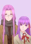  2girls emiya-san_chi_no_kyou_no_gohan fate/hollow_ataraxia fate/stay_night fate_(series) forehead forgotten_ham glasses heaven&#039;s_feel highres matou_sakura medusa_(fate) medusa_(rider)_(fate) multiple_girls pink_hair purple_eyes purple_hair scarf simple_background 