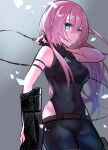  bare_arms belt black_pants black_shirt blue_eyes breasts cable commentary covered_navel cowboy_shot ghost_in_the_shell grey_background gun hand_up highres hip_vent holding holding_cable holding_gun holding_weapon lips long_hair looking_at_viewer medium_breasts megurine_luka mochityoko pants pink_hair shirt skin_tight smile standing vocaloid weapon 
