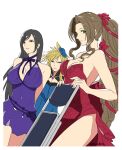  1boy 2girls absurdres aerith_gainsborough aqua_eyes backless_dress backless_outfit bare_arms black_hair blonde_hair blue_dress braid breasts brown_eyes brown_hair chair choker cleavage cloud_strife crossdressing dress final_fantasy final_fantasy_vii final_fantasy_vii_remake flamenco_dress flower folding_chair green_eyes hair_flower hair_ornament hair_ribbon highres holding_chair igusaharu jewelry large_breasts long_dress long_hair medium_breasts multiple_girls necklace official_alternate_costume ponytail red_dress ribbon ribbon_choker short_dress spiked_hair strapless strapless_dress tifa_lockhart twin_braids upper_body white_background 