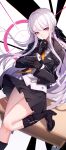  1girl absurdres bangs bison_cangshu black_footwear black_gloves black_jacket black_ribbon black_skirt boots braid danganronpa:_trigger_happy_havoc danganronpa_(series) gloves hair_ribbon hand_up highres jacket kirigiri_kyouko knee_boots long_hair looking_at_viewer miniskirt necktie open_clothes open_jacket orange_necktie pleated_skirt purple_eyes purple_hair ribbon shirt side_braid skirt smile white_shirt 