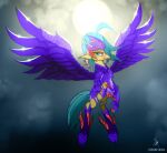  2022 armor avian beak blue_eyes boots clothing digital_media_(artwork) european_mythology female flying footwear freckles friendship_is_magic greek_mythology green_hair green_tail hair hasbro hi_res hippogriff my_little_pony my_little_pony:_the_movie_(2017) mythological_avian mythology princess_skystar_(mlp) signature solo spread_wings sun wings yellow_body zidanemina 