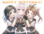  3girls black_gloves black_hair black_skirt black_vest blue_eyes blue_ribbon blush brown_hair closed_mouth collared_shirt fingerless_gloves gloves green_eyes green_ribbon hair_between_eyes hair_ornament hair_ribbon hairclip happy_birthday highres kagerou_(kancolle) kagerou_kai_ni_(kancolle) kantai_collection kuroshio_(kancolle) long_hair multiple_girls neck_ribbon one_eye_closed open_mouth pink_hair pleated_skirt ponytail purple_eyes red_ribbon ribbon shiranui_(kancolle) shiranui_kai_ni_(kancolle) shirt short_hair short_sleeves skirt smile twintails u_yuz_xx vest white_gloves white_ribbon white_shirt 