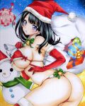  1girl :o absurdres ass bell black_hair blue_eyes bow breasts christmas covered_nipples elbow_gloves gift gloves green_bow gridman_universe hat highres hmdark-9 jingle_bell large_breasts long_hair looking_at_viewer multicolored_eyes open_mouth purple_eyes red_gloves red_legwear sack santa_hat scarf smile snowman solo ssss.gridman swimsuit takarada_rikka traditional_media 