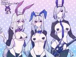  4girls andreana_(arknights) animal_ears arknights bangs black_hairband blue_bow blue_bowtie blue_necktie blush bow bowtie breasts collar commentary fake_animal_ears gladiia_(arknights) grey_hair hair_over_one_eye hairband heart_pasties highres long_hair long_sleeves looking_at_viewer meme_attire micro_bra multiple_girls navel necktie one_eye_covered pasties pointy_ears purple_bow purple_bowtie purple_hair rabbit_ears red_eyes reverse_bunnysuit reverse_outfit short_hair skadi_(arknights) specter_(arknights) tsume3mai very_long_hair 