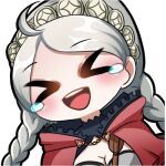  ahoge bangs braid breasts buttons capelet chest_harness cleavage closed_eyes commission commissioner_upload deliichan5 emoji fire_emblem fire_emblem_fates grey_hair hairband harness hood hooded_capelet laughing leather_strap lowres nina_(fire_emblem) non-web_source open_mouth red_hood tears teeth turtleneck twin_braids upper_teeth white_hairband 
