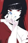  1girl bangs bare_shoulders blue_nails blunt_bangs character_request choker copyright_request hand_on_own_face highres j.k. jabami_yumeko kakegurui long_hair looking_at_viewer nail_polish off_shoulder red_background red_eyes signature simple_background smile solo 