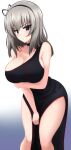  1girl absurdres aikir_(jml5160) bangs bare_shoulders black_dress blue_eyes blush breast_hold breasts choker cleavage closed_mouth dress dress_tug girls_und_panzer gradient gradient_background grey_hair headband highres itsumi_erika large_breasts leaning_forward long_dress long_hair looking_at_viewer shiny shiny_hair single-shoulder_dress solo standing thighs 
