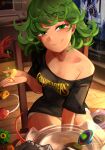  1girl 1other absurdres bangs beyblade_(object) black_shirt blush breasts broken cleavage closed_mouth clothes_writing computer curly_hair english_commentary flipped_hair game_console gamecube green_eyes green_hair hand_up highres indoors khyle. laptop looking_at_viewer medium_breasts medium_hair mouse_(computer) naughty_face no_bra off-shoulder_shirt off_shoulder one-punch_man open_hand patreon_username playing_games print_shirt shirt short_hair short_shorts shorts single_bare_shoulder sitting small_breasts smile solo_focus strap_slip t-shirt table tatsumaki telekinesis television thighs web_address white_shorts 