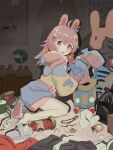  1girl absurdres ahoge animal_ears animal_slippers bangs blue_shorts bow braid bunny_hair_ornament cable fridge_(fridgedraws) full_body hair_bow hair_ornament heart heart_hair_ornament highres hood hoodie indoors jar light_blush long_sleeves looking_at_viewer meme messy_room multicolored_clothes object_hug open_mouth phase_connect pile_of_trash pill pill_bottle pink_eyes pink_hair pipkin_pippa piss_bottle rabbit_ears shorts sleeve_bow sleeves_past_fingers sleeves_past_wrists slippers solo sonic_(series) sonic_the_hedgehog sonichu tearing_up trash_bag virtual_youtuber watamelon_(meme) white_legwear 