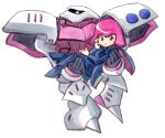  1girl black_bodysuit black_cape black_eyes blue_eyes bodysuit cape carrying gundam haman_karn highres lifting_person looking_at_viewer mecha mobile_suit pink_hair princess_carry purple_eyes qubeley robot smile white_background y06912080 zeta_gundam 