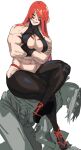  1boy 1girl abs bangs biceps black_legwear body_markings breasts broad_shoulders cleavage color_contrast crossed_arms crossed_legs eyelashes eyelashes_visible_through_hair facial_mark fuuma_kotarou_(tenkaichi) halter_top halterneck highres japanese_clothes large_breasts lips long_hair looking_at_viewer red_eyes red_hair revealing_clothes rope_belt sitting sitting_on_person smile smug starhump tenkaichi_nihon_saikyou_bugeisha_ketteisen thick_thighs thighs white_background wide_hips wristband 
