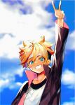  1boy arm_up bangs black_jacket blonde_hair blue_eyes blue_sky blurry blurry_background boruto:_naruto_next_generations cloud collarbone grin hair_between_eyes headband jacket long_sleeves looking_at_viewer male_focus naruto_(series) open_clothes open_jacket shirt sketch sky smile solo spiked_hair upper_body uzumaki_boruto uzumaki_naruto v white_shirt yo_1998 