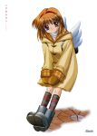  1990s_(style) 1girl absurdres argyle argyle_legwear backpack bag bangs black_footwear brown_hair character_name coat copyright_name full_body hairband highres kanon kneehighs logo long_hair long_sleeves looking_at_viewer mittens non-web_source official_art poster_(medium) rain_boots red_eyes retro_artstyle scan simple_background smile solo standing tsukimiya_ayu white_background white_wings wings 