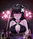  1girl alcohol bar bare_shoulders black_dress black_gloves black_hair blush breasts cherry_blossoms cleavage collarbone dress girls&#039;_frontline gloves hair_ribbon highres large_breasts long_hair looking_at_viewer pink_eyes ribbon smile solo soribit95 type_100_(girls&#039;_frontline) very_long_hair 