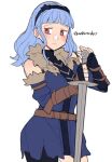  1girl bags_under_eyes bangs blue_hair blush breasts brown_eyes closed_mouth do_m_kaeru fire_emblem fire_emblem:_three_houses fire_emblem_warriors:_three_hopes fur_trim headband long_hair looking_at_viewer marianne_von_edmund official_alternate_hairstyle simple_background solo sword upper_body wavy_hair weapon 