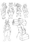  absurd_res anthro belt boots canid canine canis clothing colo domestic_dog duo eyewear eyewear_on_head female footwear gloves goggles goggles_on_head handwear hi_res line_art looking_at_viewer male mammal mechanic monochrome navel open_mouth shirt simple_background smile smiling_at_viewer solo stretching tank_top topwear yawn 