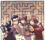  3boys arrow_(symbol) black_hair brown_eyes brown_hair camouflage camouflage_jacket domosansan glasses green_jacket hand_on_another&#039;s_shoulder jacket kazuya_(shin_megami_tensei) long_coat map maze multiple_boys raised_eyebrow reading red_jacket shin_megami_tensei shin_megami_tensei_i signature takeshi_(shin_megami_tensei) yuji_(shin_megami_tensei) 