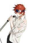  1boy dhfz181 highres holding holding_microphone kyan_reki long_sleeves male_focus microphone red_hair see-through see-through_shirt shirt short_hair simple_background sk8_the_infinity wet white_background white_shirt yellow_eyes 
