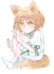 1girl animal_ears bangs blue_flower blush bow brown_hair chibi commentary_request fingernails floral_print flower fox_ears fox_shadow_puppet fox_tail green_bow green_ribbon hair_between_eyes hands_up highres holding holding_test_tube kudamaki_tsukasa leaf leaf_print light_brown_hair long_fingernails looking_at_viewer no_shoes open_mouth puffy_short_sleeves puffy_sleeves ribbon romper short_hair short_sleeves simple_background sitting socks solo tail test_tube toraneko_2 touhou white_background white_legwear white_romper yellow_eyes 