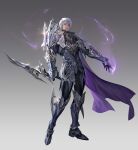 1boy absurdres armor armored_boots bangs black_gloves boots cape closed_mouth commentary dagger english_commentary full_body gloves gradient gradient_background grey_hair grey_shirt highres holding holding_dagger holding_weapon knee_boots knife lips looking_at_viewer official_art purple_cape purple_eyes r2_online shirt shoulder_armor solo standing taekwon_kim vambraces weapon 