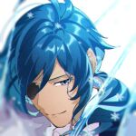  1boy dark-skinned_male dark_blue_hair dark_skin dhfz181 earrings eyepatch fur_trim genshin_impact jewelry kaeya_(genshin_impact) long_hair looking_at_viewer low_ponytail male_focus pointy_ears smile snowflakes 