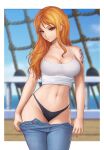  ass black_panties breasts cleavage clothes_pull crop_top flowerxl large_breasts nami_(one_piece) navel one_piece orange_hair panties pants pants_pull pants_removed partially_undressed pervert red_eyes ship shoulder_tattoo swimsuit tank_top tattoo thighs underwear watercraft 