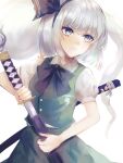  1girl absurdres black_bow black_headband black_ribbon blue_eyes bob_cut bow bowtie commentary cowboy_shot green_skirt green_vest hair_ribbon hand_on_sheath headband highres hikage_(0hi_kageo) holding holding_sword holding_weapon katana konpaku_youmu konpaku_youmu_(ghost) puffy_short_sleeves puffy_sleeves ribbon serious sheath shirt short_hair short_sleeves signature skirt skirt_set solo sword touhou unsheathing vest wakizashi weapon white_background white_hair white_shirt 