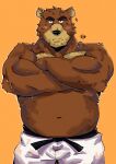  2022 absurd_res anthro belly biped black_nose blush brown_body brown_fur fur hi_res juuichi_mikazuki keikogi kerim_will male mammal martial_arts_uniform morenatsu musclegut navel orange_background overweight overweight_male simple_background solo sportswear ursid video_games visual_novel 