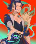  1boy absurdres achichi_ovo adaman_(pokemon) bandaged_arm bandages blonde_hair brown_eyes choker dark_blue_hair gem green_hair grin high_ponytail highres japanese_clothes leafeon long_hair long_sleeves looking_at_viewer male_focus multicolored_hair pectorals pokemon pokemon_(game) pokemon_legends:_arceus red_background smile streaked_hair wide_sleeves yellow_choker 