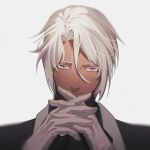  1boy dark-skinned_male dark_skin dhfz181 gloves long_sleeves looking_at_viewer male_focus noe_archiviste purple_eyes short_hair simple_background slit_pupils vampire vanitas_no_carte white_gloves white_hair 