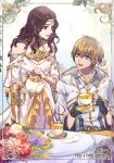  1boy 1girl border brown_hair crusader_(dungeon_and_fighter) cup dungeon_and_fighter flower glowing_feather kasy long_hair looking_at_another michael_of_the_holy_eye_(dungeon_and_fighter) nun plate priest priest_(dungeon_and_fighter) short_hair table tea_party teacup teapot 