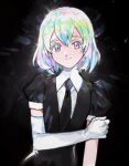  1girl 203wolves blush closed_mouth colored_eyelashes copyright_request elbow_gloves gloves green_hair medium_hair multicolored_hair necktie puffy_sleeves smile solo upper_body white_gloves 