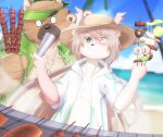  anthro beach brown_body brown_fur brown_hair canid canine canis clothing cooking domestic_dog duo fur girly grill hair hat headgear headwear hi_res lifewonders long_hair male mammal pink_body pink_fur seaside sora_idiotka straw_hat swimwear tanetomo tokyo_afterschool_summoners video_games yasuyori 