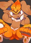  absurd_res ambiguous_gender bodily_fluids brown_body brown_fur butt_from_the_front cheek_tuft cinderace facial_tuft featureless_crotch feet fluffy_ears fur glistening glistening_body hi_res minamo_(pixiv17726065) nintendo open_mouth orange_body orange_fur pawpads pok&eacute;mon pok&eacute;mon_(species) red_eyes shiny_pok&eacute;mon signature solo spread_legs spreading tan_body tan_fur tears teeth thick_arms thick_thighs tuft video_games 